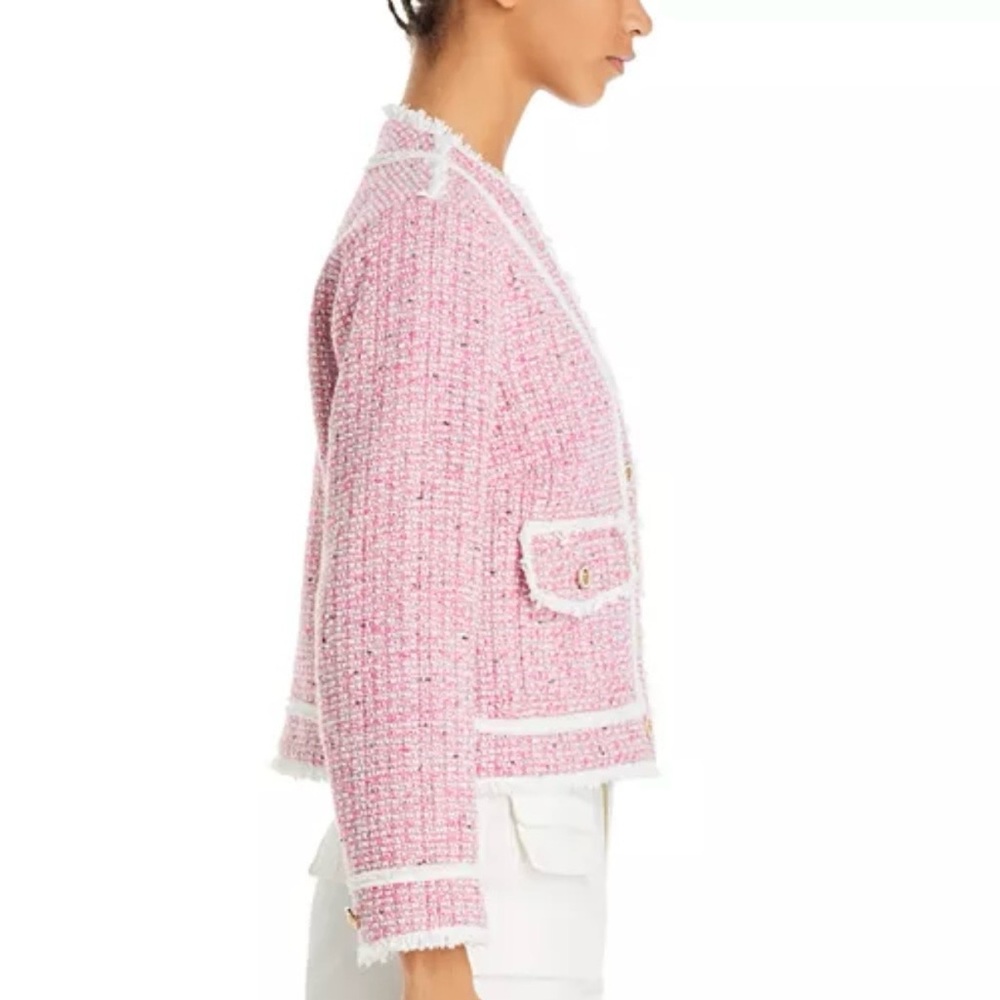 AQUA Women Tweed Blazer Jacket Pink Small Button Fringe Trim Metallic Business - Picture 2 of 16